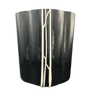 Vintage Blown Black Glass White Applied Threading Vase Mid Century Modern Signed